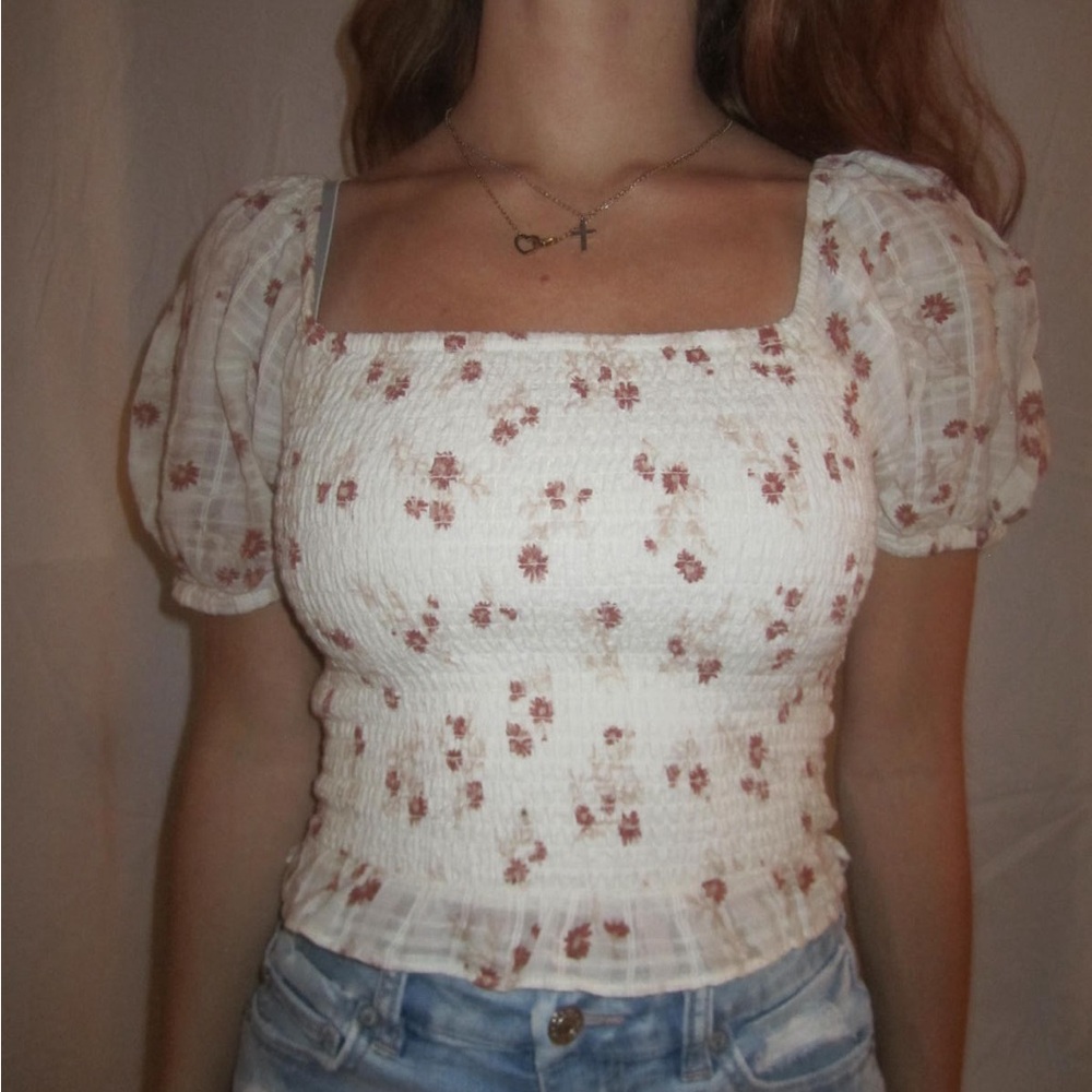 American Eagle Outfitters White Puff Sleeve Smocked Blouse